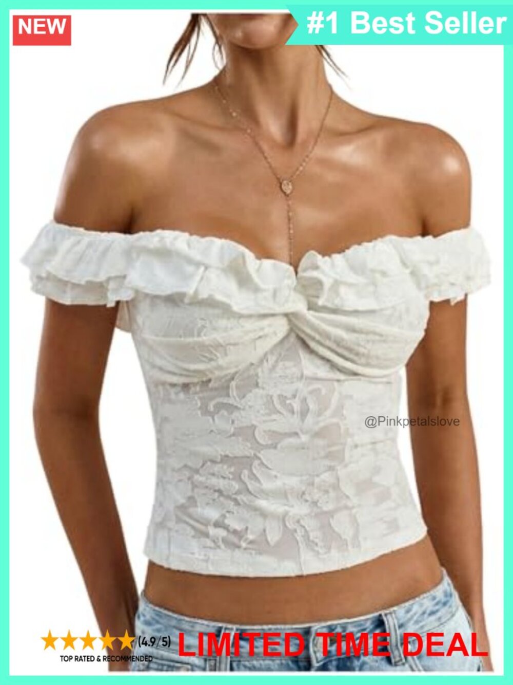 OYOANGLE Womens Lace Off Shoulder Sheer Mesh Ruffle Crop Top